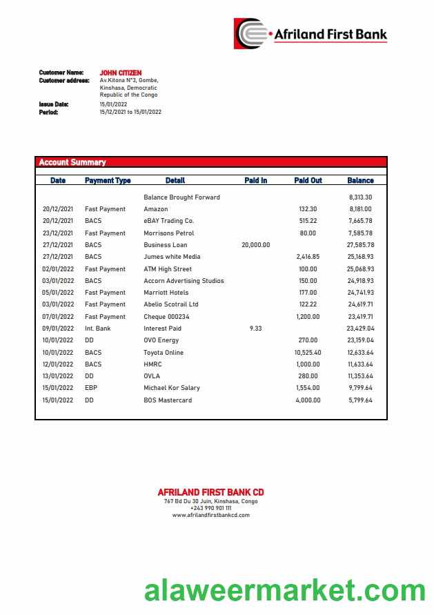 Congo Afriland First Bank statement